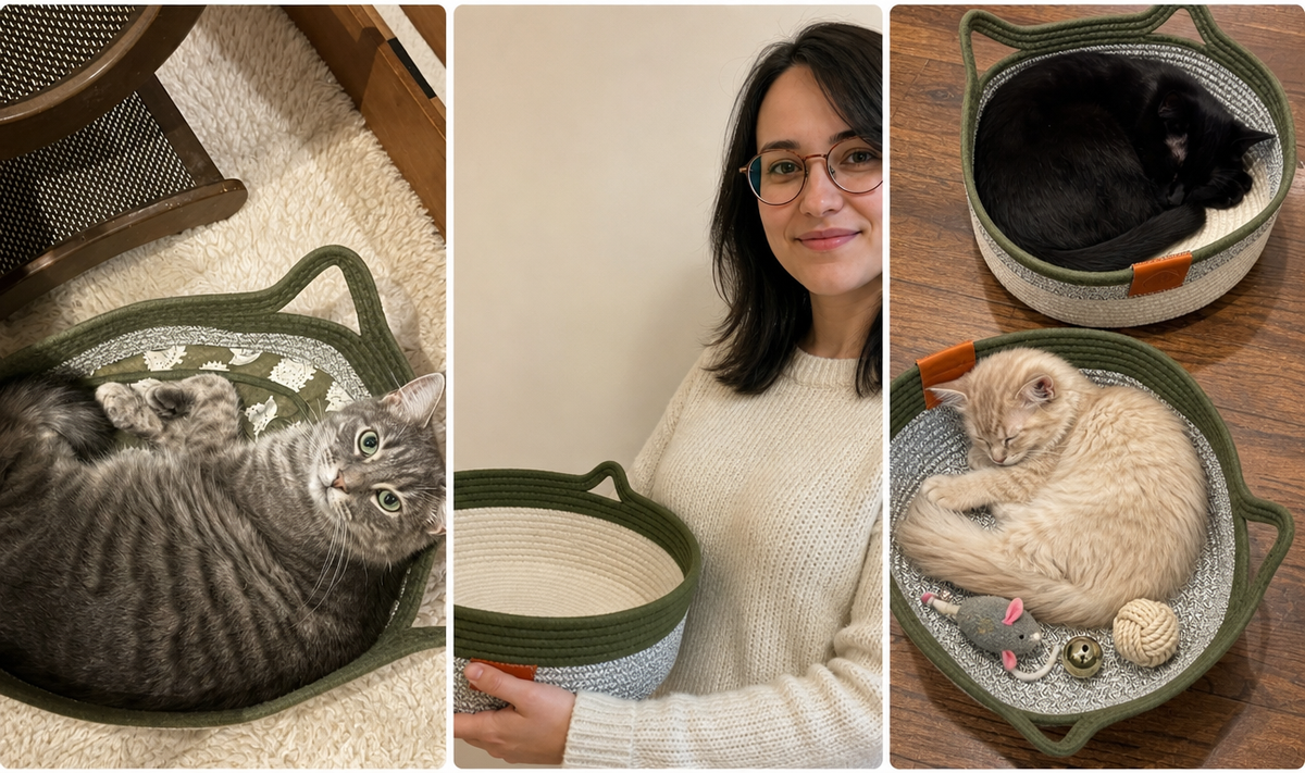 Katter som vilar i en handvävd kattbädd
